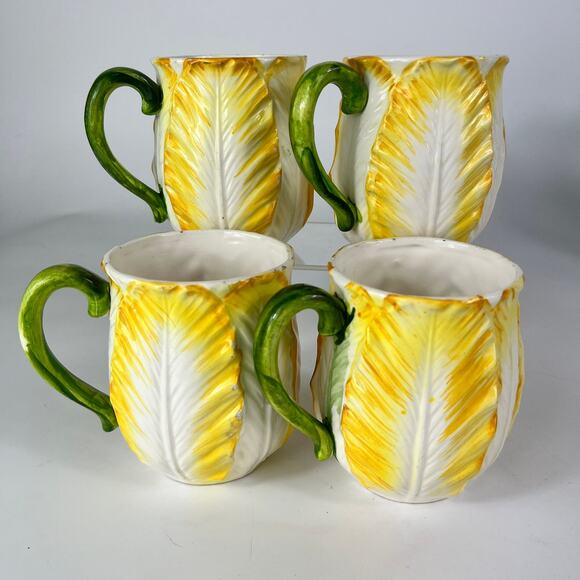 Set 4 Lefton China Yellow Cabbage Rose Coffee Mugs Retired Vtg Rare POOR 7057 - Picture 3 of 16